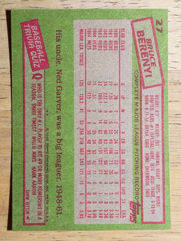 1985 Topps #27 Bruce Berenyi