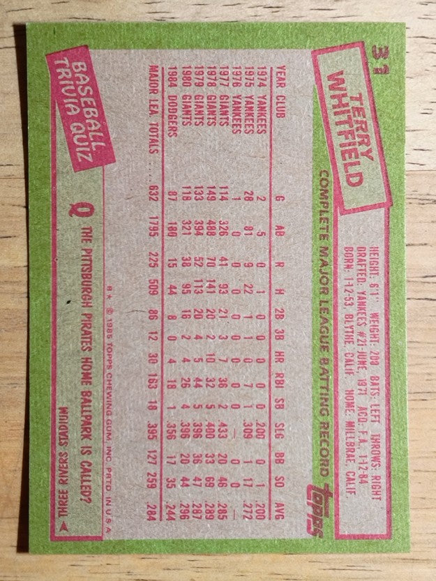 1985 Topps #31 Terry Whitfield