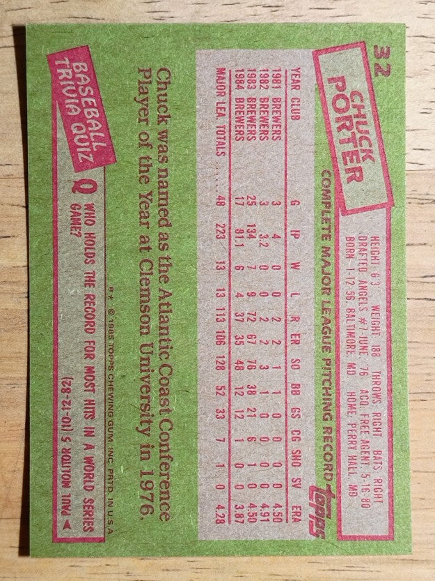 1985 Topps #32 Chuck Porter