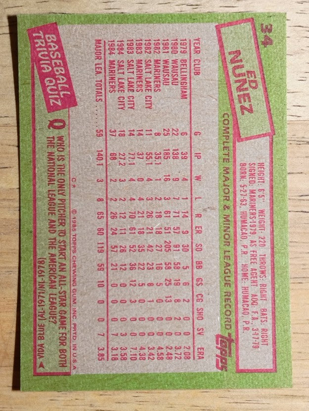 1985 Topps #34 Ed Nunez