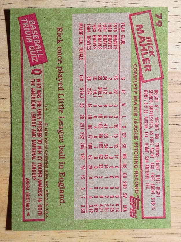1985 Topps #79 Rick Mahler