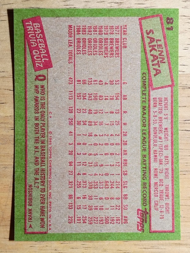 1985 Topps #81 Lenn Sakata