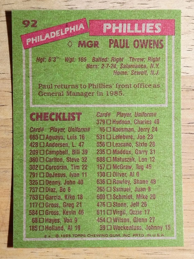 1985 Topps #92 Paul Owens MG