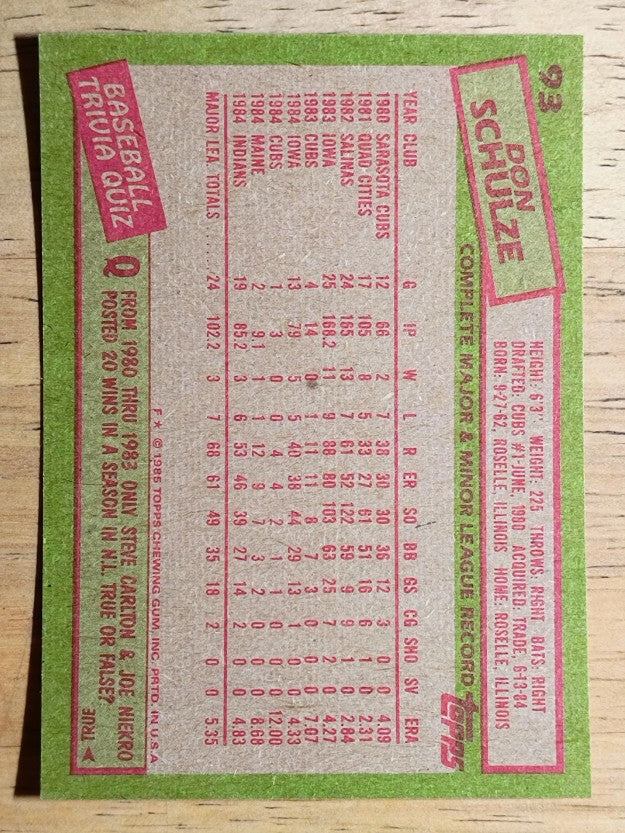 1985 Topps #93 Don Schulze