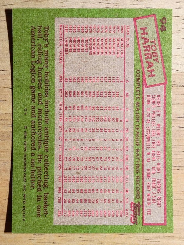 1985 Topps #94 Toby Harrah