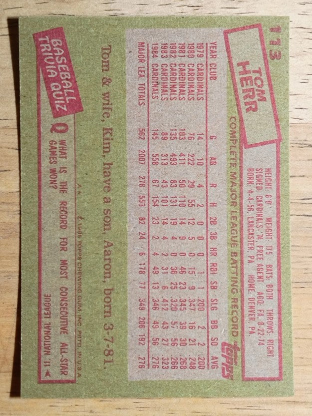 1985 Topps #113 Tom Herr