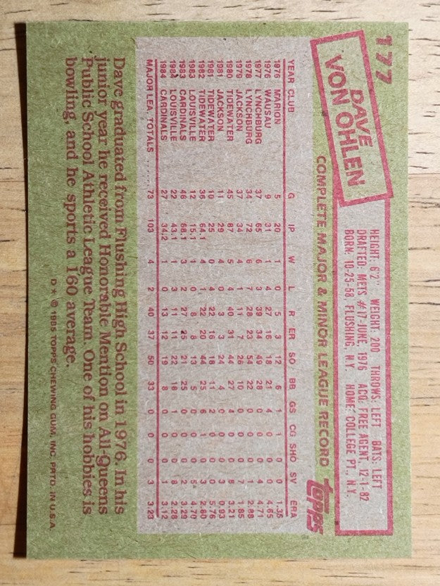1985 Topps #177 Dave Von Ohlen
