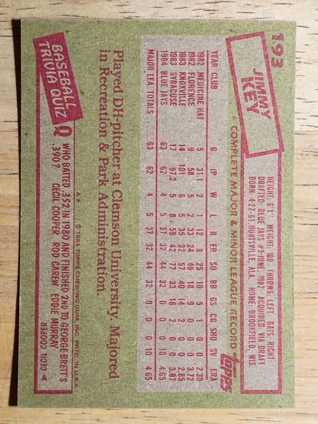 1985 Topps #193 Jimmy Key RC