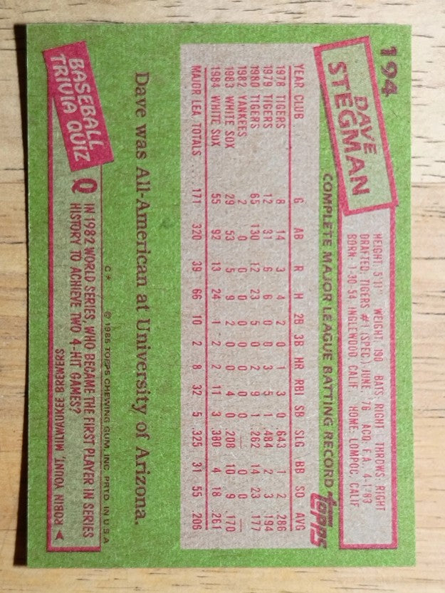 1985 Topps #194 Dave Stegman
