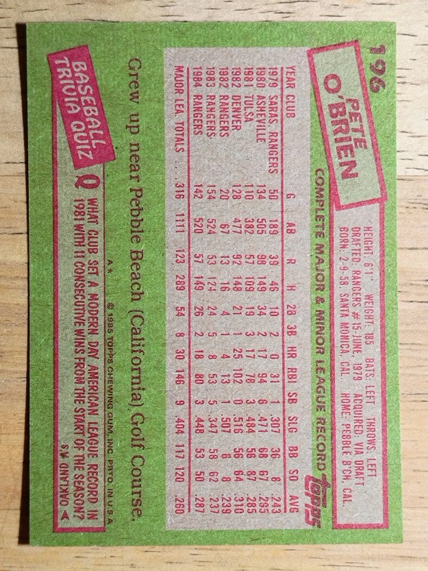 1985 Topps #196 Pete O'Brien