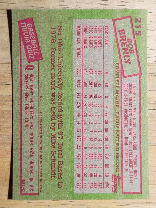 1985 Topps #215 Bob Brenly