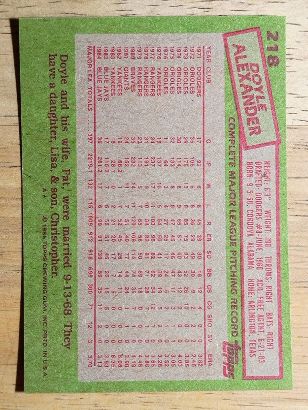 1985 Topps #218 Doyle Alexander