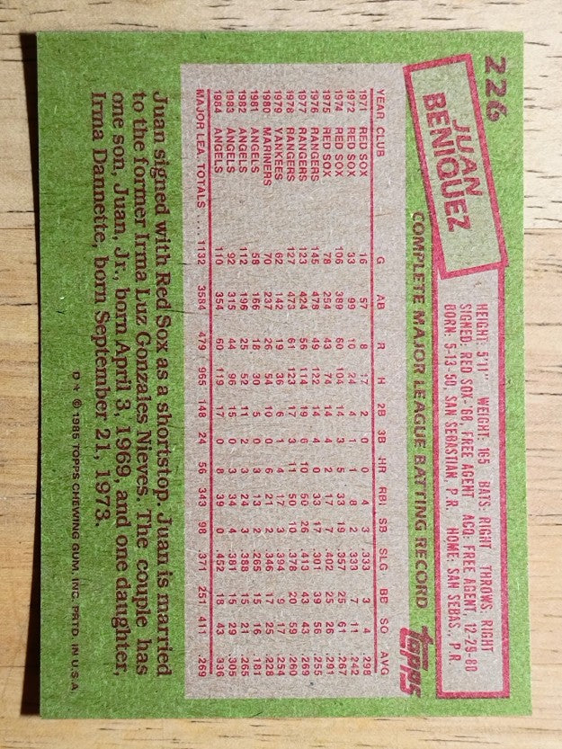 1985 Topps #226 Juan Beniquez