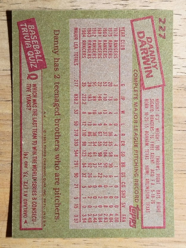1985 Topps #227 Danny Darwin