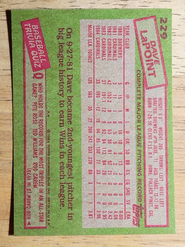 1985 Topps #229 Dave LaPoint