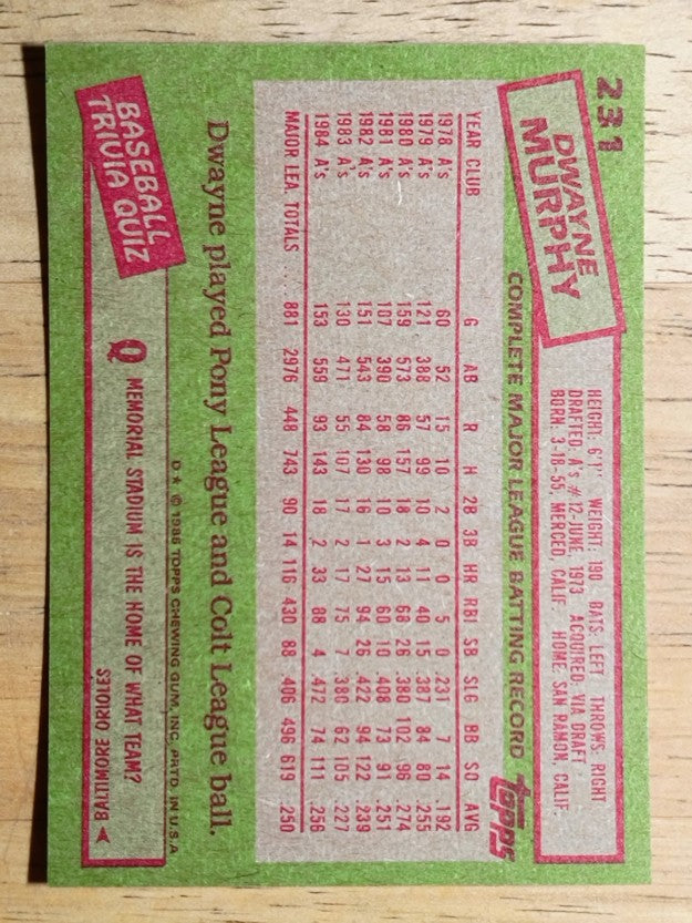 1985 Topps #231 Dwayne Murphy
