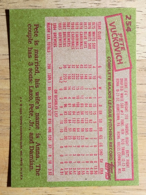 1985 Topps #254 Pete Vuckovich