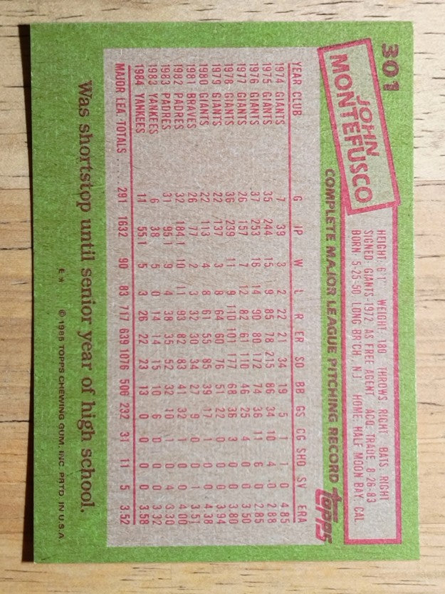 1985 Topps #301 John Montefusco