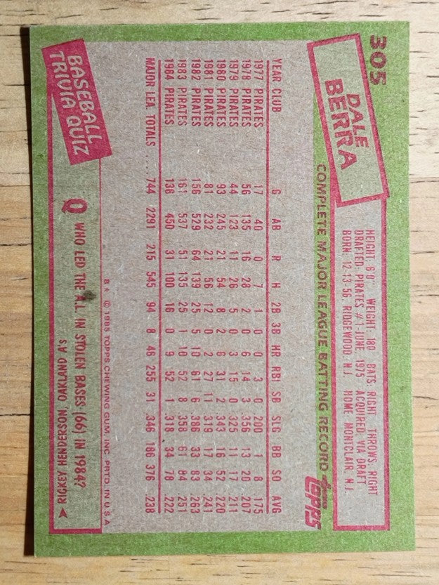 1985 Topps #305 Dale Berra