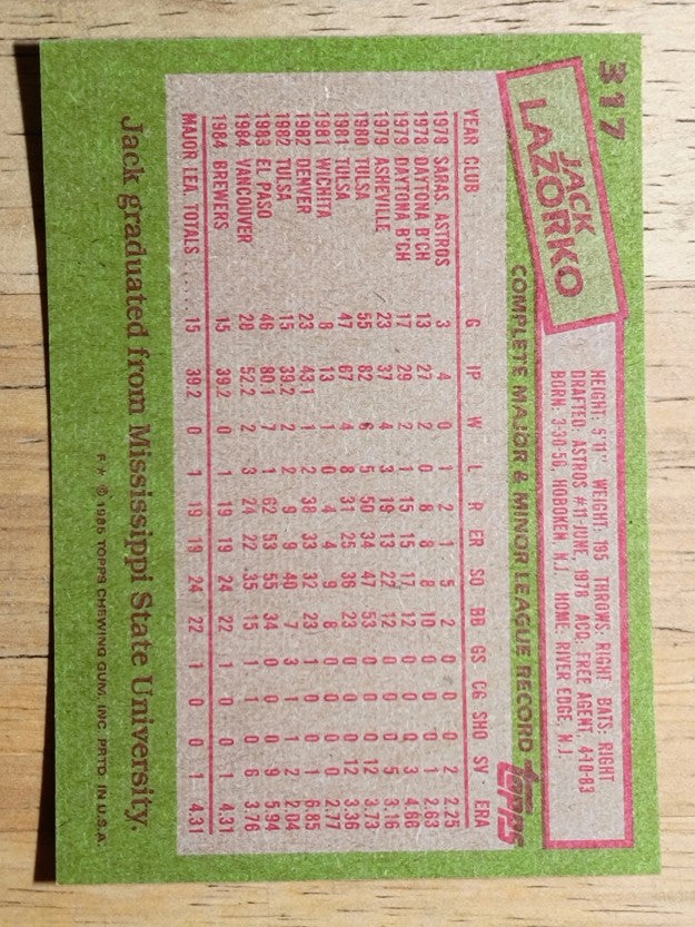 1985 Topps #317 Jack Lazorko