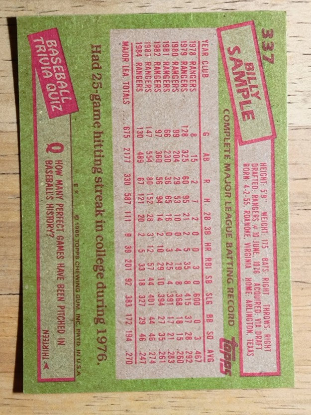 1985 Topps #337 Billy Sample