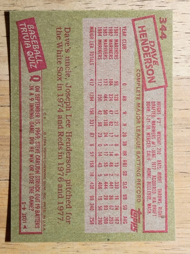 1985 Topps #344 Dave Henderson