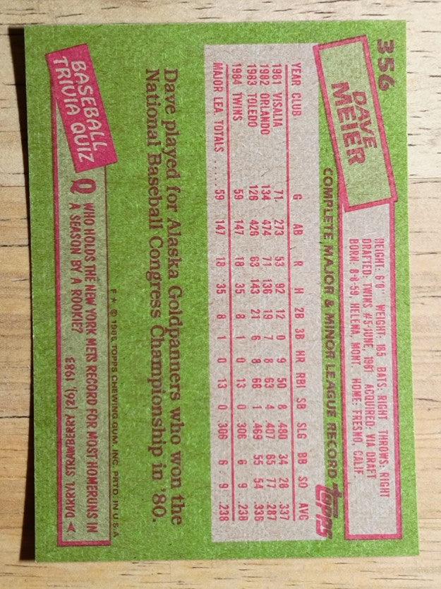 1985 Topps #356 Dave Meier