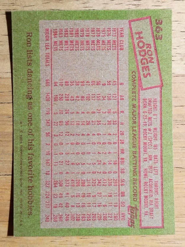 1985 Topps #363 Ron Hodges