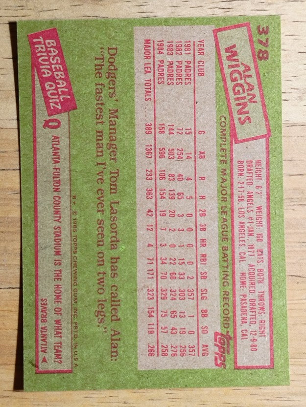 1985 Topps #378 Alan Wiggins