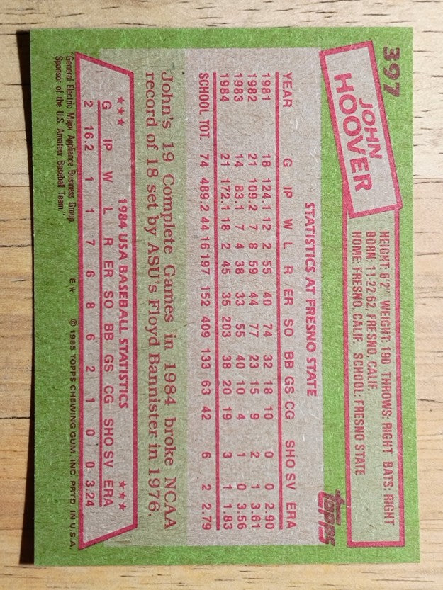 1985 Topps #397 John Hoover OLY RC