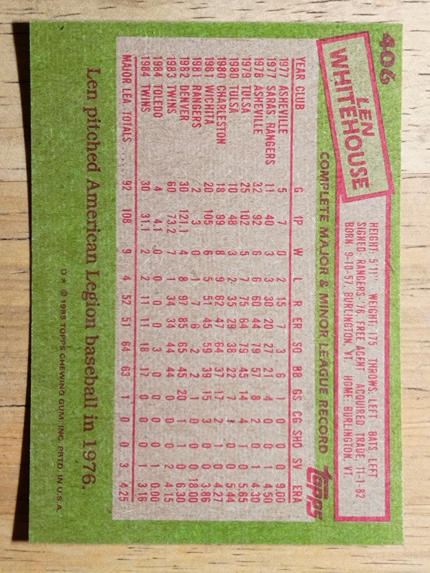 1985 Topps #406 Len Whitehouse