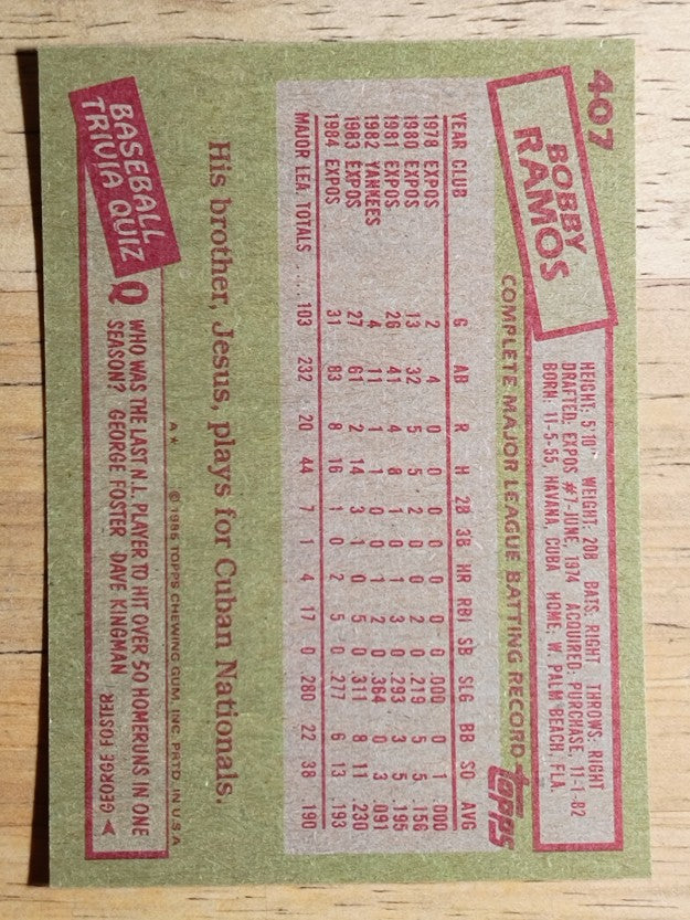1985 Topps #407 Bobby Ramos