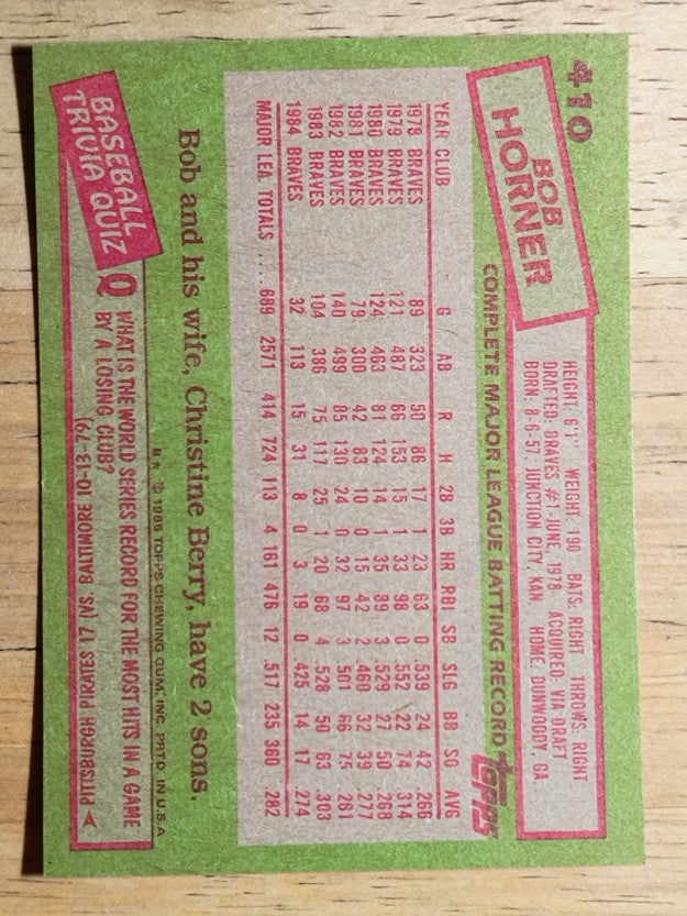 1985 Topps #410 Bob Horner