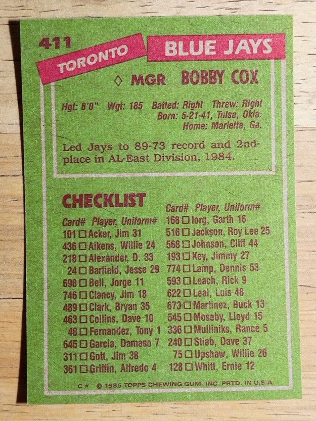 1985 Topps #411 Bobby Cox MG