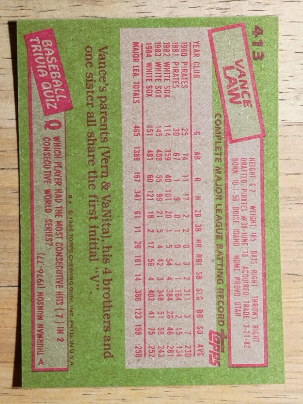 1985 Topps #413 Vance Law