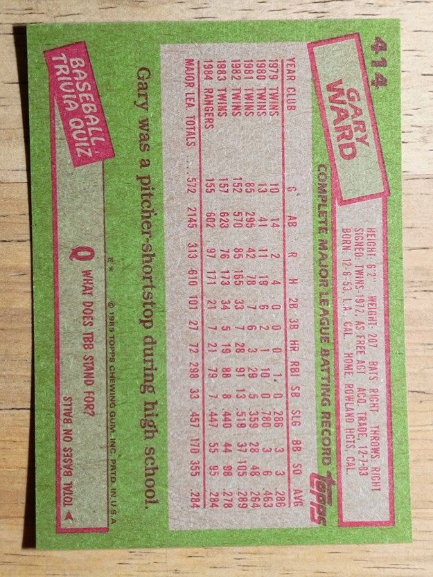 1985 Topps #414 Gary Ward