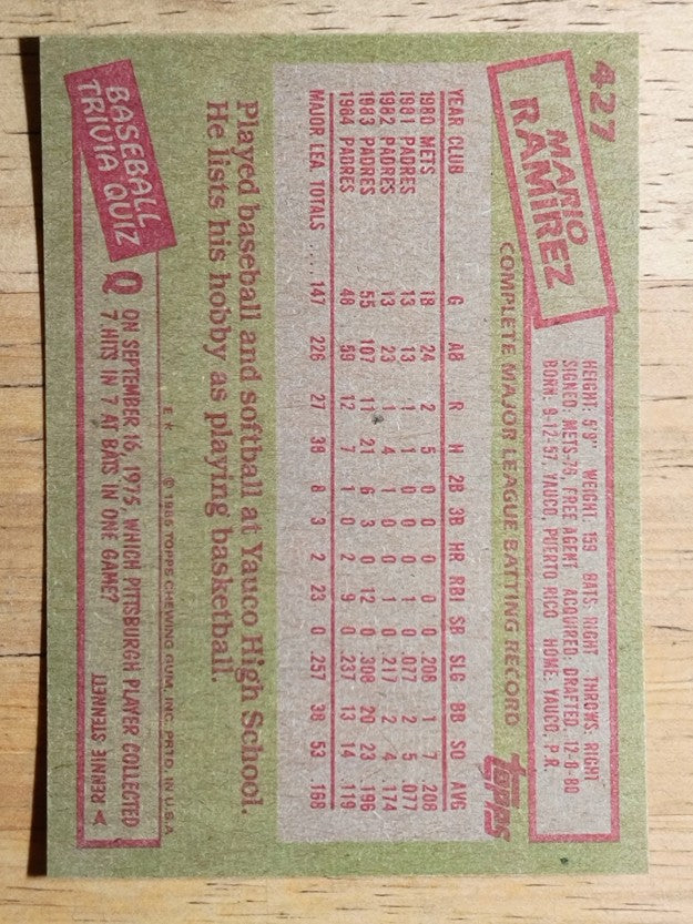 1985 Topps #427 Mario Ramirez