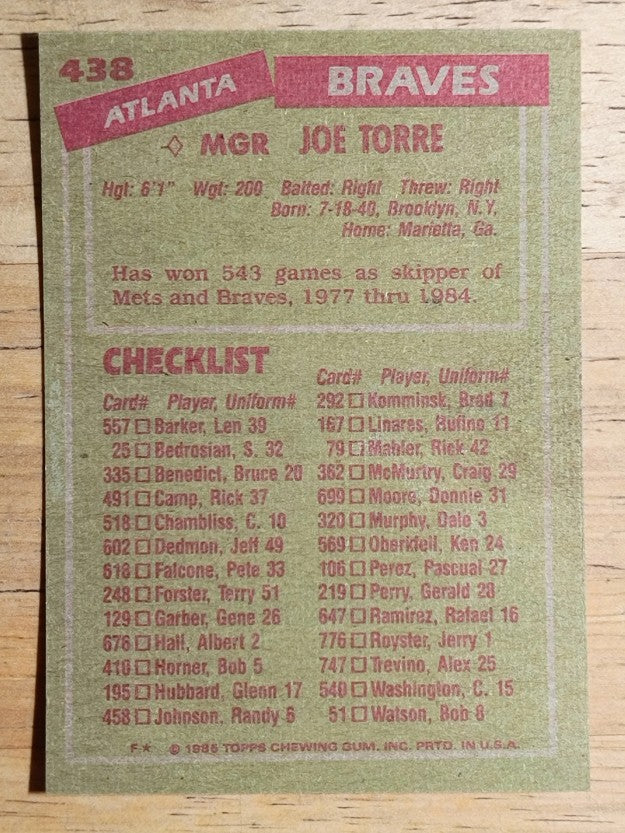 1985 Topps #438 Joe Torre MG