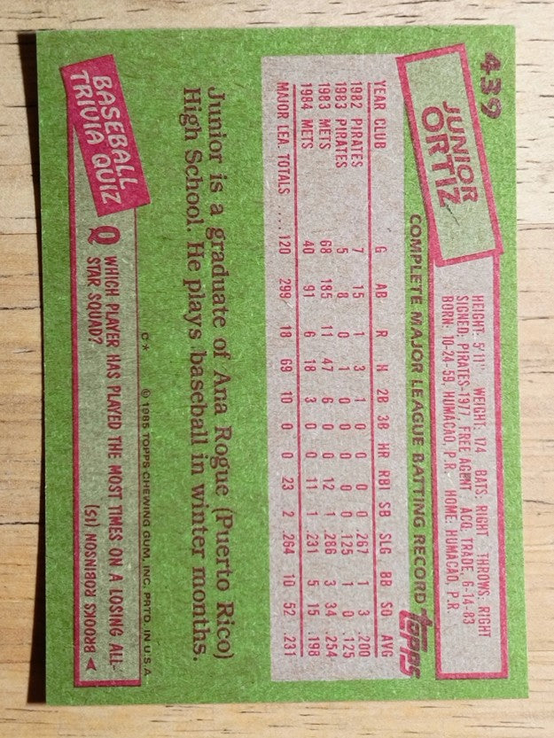 1985 Topps #439 Junior Ortiz