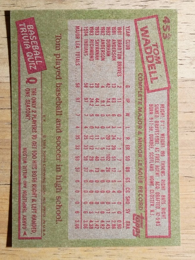 1985 Topps #453 Tom Waddell