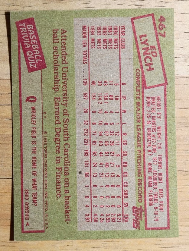 1985 Topps #467 Ed Lynch