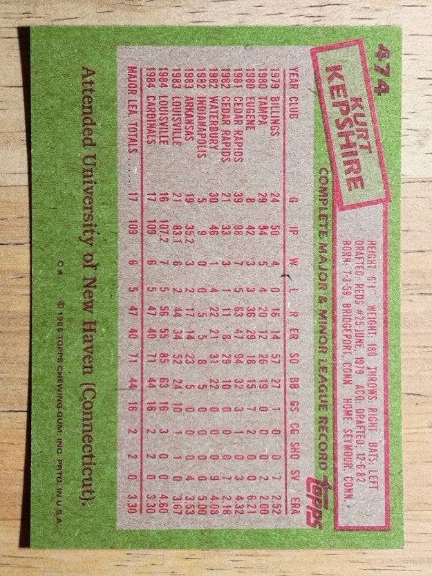 1985 Topps #474 Kurt Kepshire
