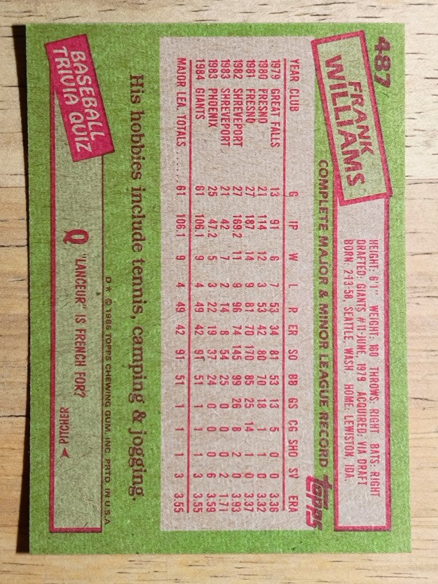 1985 Topps #487 Frank Williams