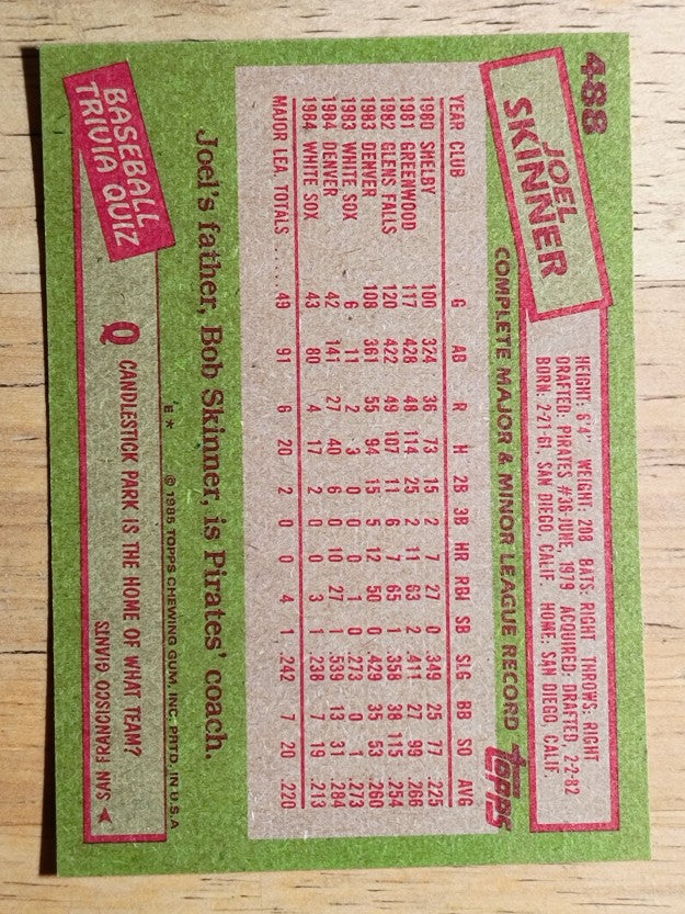 1985 Topps #488 Joel Skinner