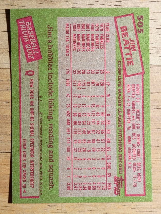 1985 Topps #505 Jim Beattie