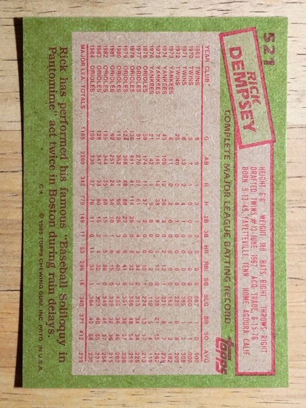 1985 Topps #521 Rick Dempsey