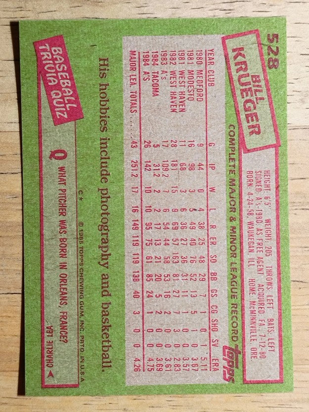 1985 Topps #528 Bill Krueger