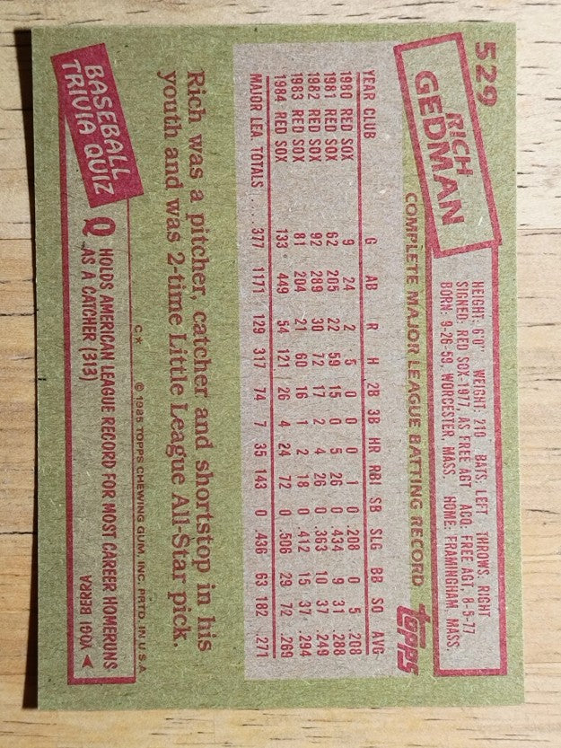 1985 Topps #529 Rich Gedman