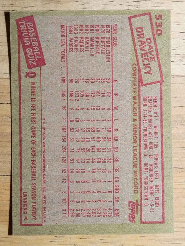 1985 Topps #530 Dave Dravecky
