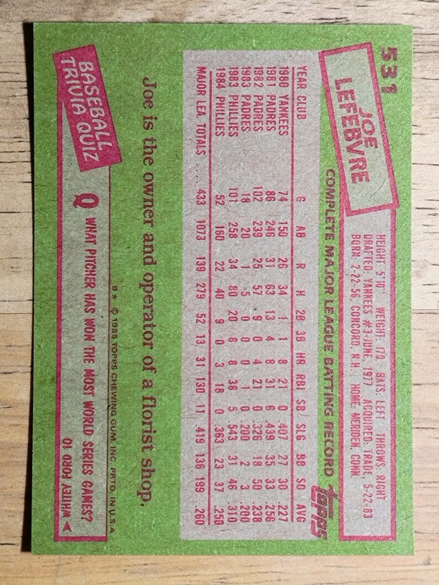 1985 Topps #531 Joe Lefebvre